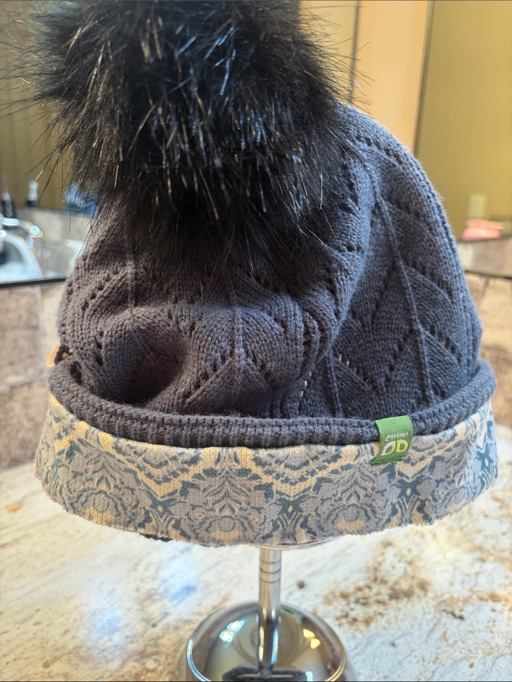 Pistil Blue Chevron Knit Beanie Faux Fur Pom Printed Underbrim Cuff